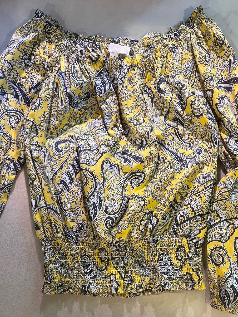 Michael Kors Yellow Paisley Off-Shoulder Smocked Hem Top